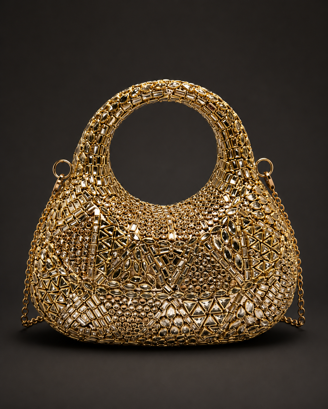 Mehr antique-gold mosaic handbag with a circular top handle and mixed geometric crystal-effect detailing.