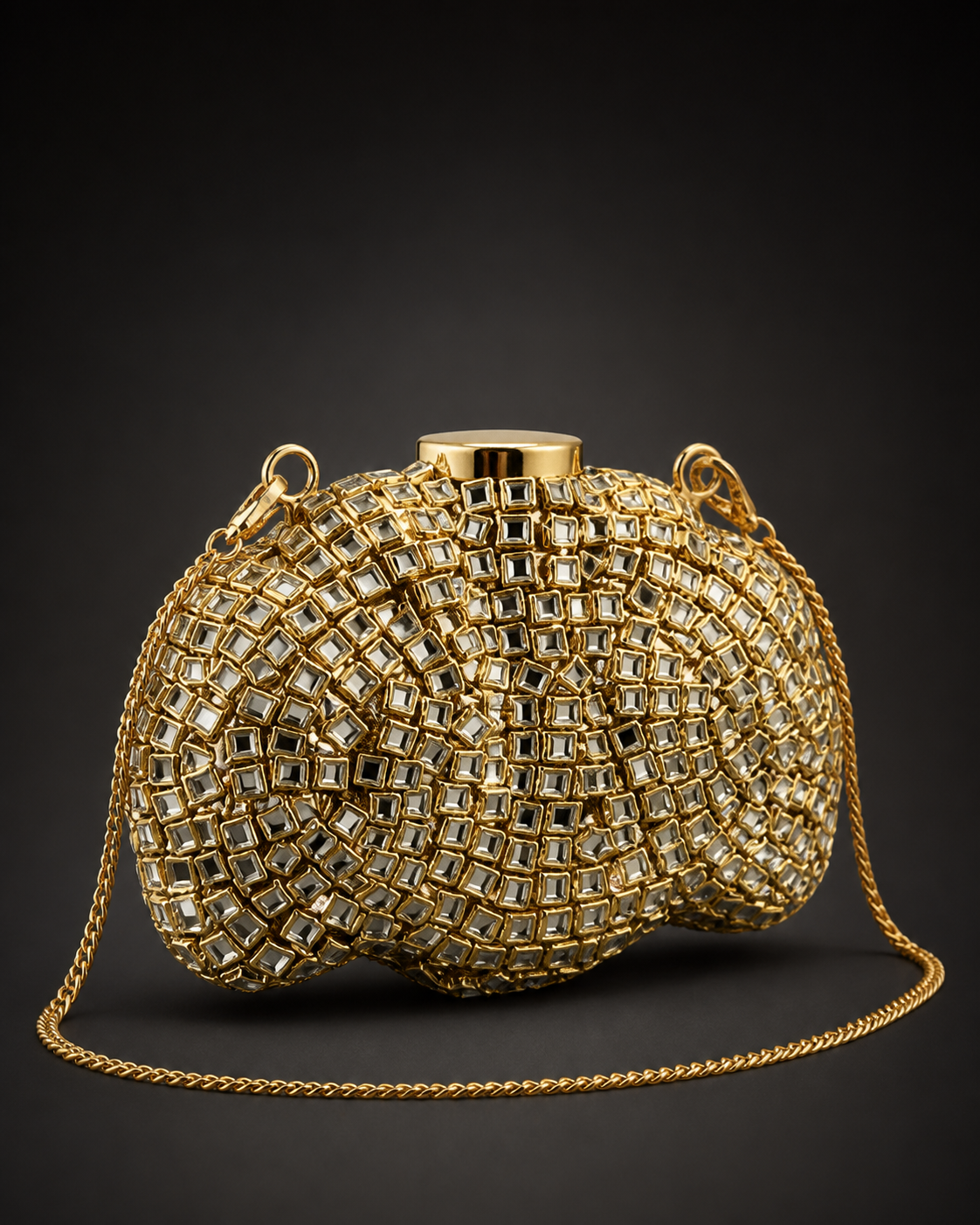 Riva gold sculpted clutch with overlapping rounded forms, square crystal-effect facets and a fine chain.